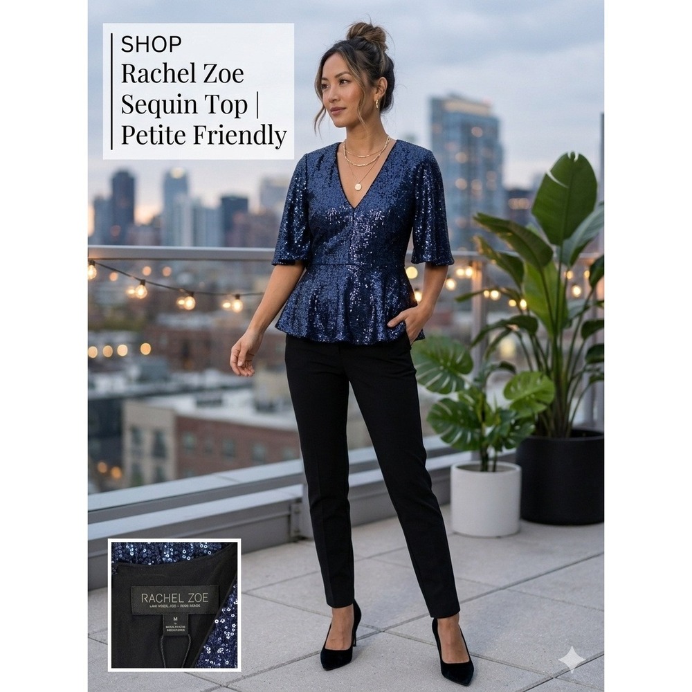 Rachel Zoe Clover Sequin Peplum Top Navy Blue V-Neck Flutter Sleeve Size 4 NEW